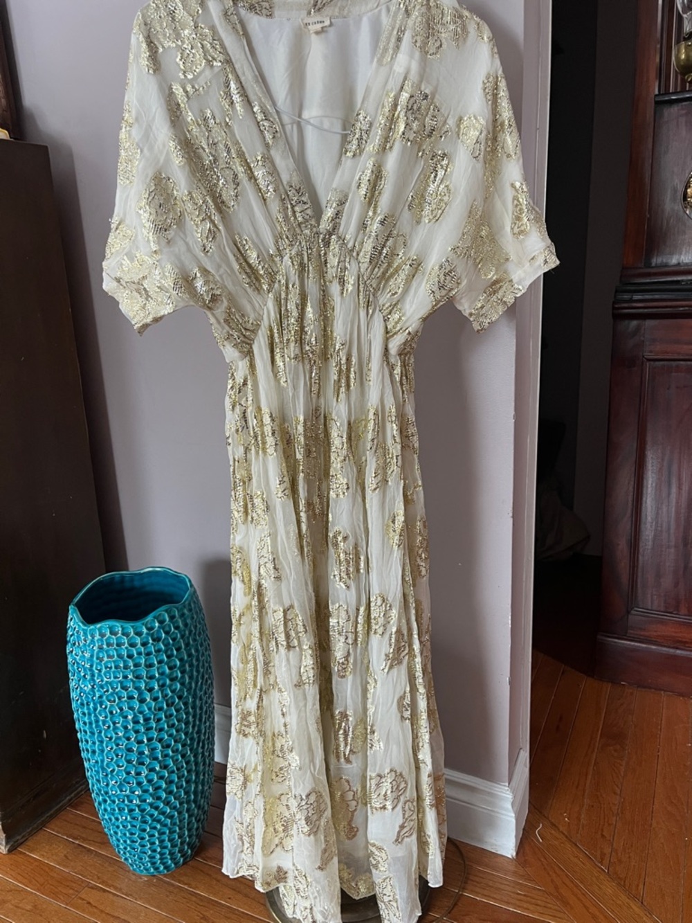 En Creme Ivory Maxi Dress with Gold Floral Sequin Detail